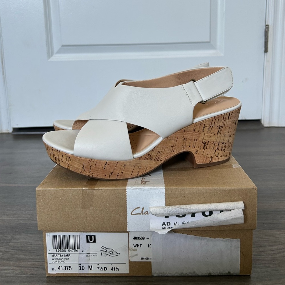 Brand New Clarks Maritsa Lara White Leather Cork Chunky Wedge Sandal with Box
